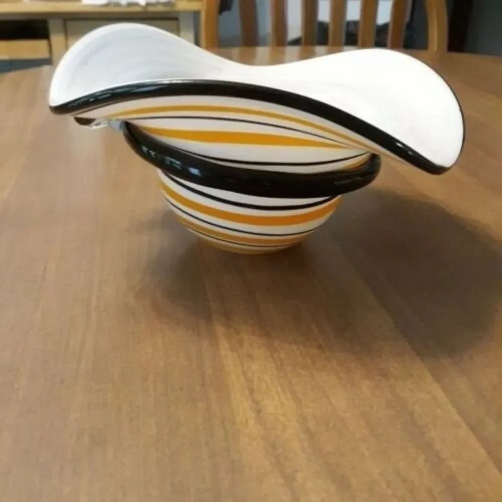 Ruffled Rim Swirl Orange & Black Art Glass Hat Bowl 4.75 X 7